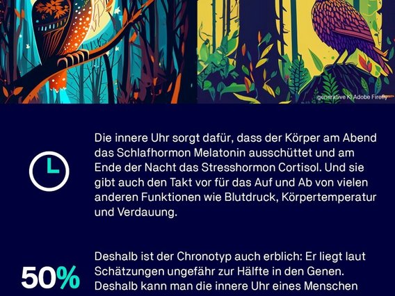 Infographic from TÜV NORD entitled “Am I a morning person or a night owl?”. The graphic shows a stylized illustration with an owl in a dark forest on the left and a bird in a lighter forest on the right. A quote from psychologist Dr. Philip Frieg explains that our internal clock determines when we wake up and get tired. The infographic contains information on the biological clock, the influence of hormones such as melatonin and cortisol, the genetic predisposition of the chronotype (approx. 50% hereditary) and the adaptability of the internal clock over the course of a lifetime.