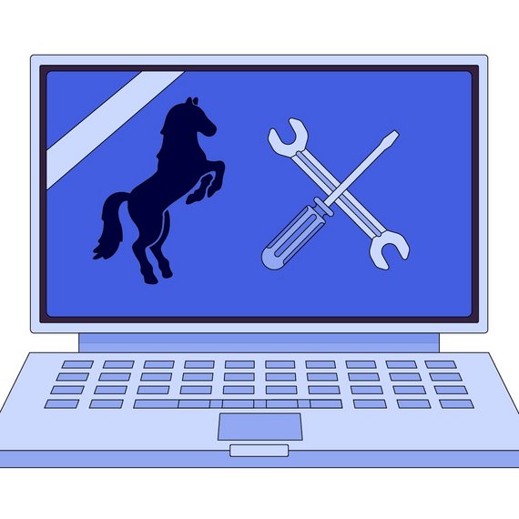 Laptop-Bildschirm mit einem niedersächsischen Wappen und Werkzeugen als Symbole