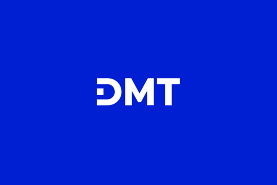 The "DMT" logo features bold white text on a solid blue background
