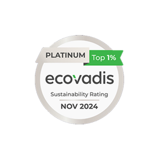 Ein rundes, silbernes EcoVadis-Nachhaltigkeitsrating-Abzeichen mit der Aufschrift "PLATINUM", "Top 1%" und dem EcoVadis-Logo in Grün. Unterhalb des Logos steht "Sustainability Rating" und "NOV 2024". Das Abzeichen hat einen leichten Schatten und ist auf weißem Hintergrund platziert.
