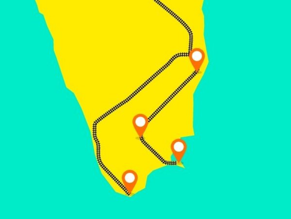 A simple illustration of South India, with a railroad line on which markers have been placed at various points along the route.