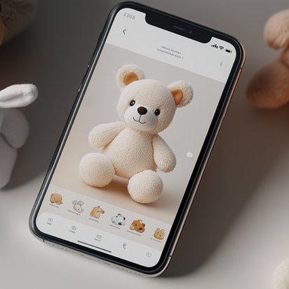 Ein Smartphone-Bildschirm zeigt ein digitales 3D-Modell eines cremefarbenen Teddybären mit Schleife. Umgeben ist das Modell von Icons und darunter liegenden, teilweise verdeckten, Texturen. Im Hintergrund sind weitere Stofftiere in Pastelltönen zu sehen.