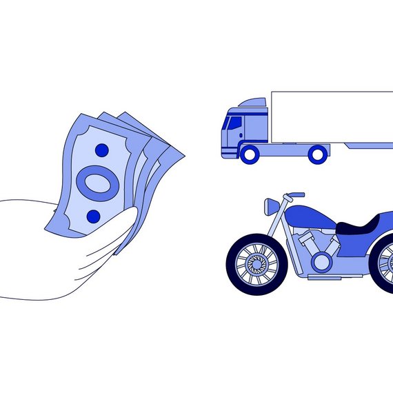 Illustration von Geldscheinen, einem Motorrad und einem Lkw