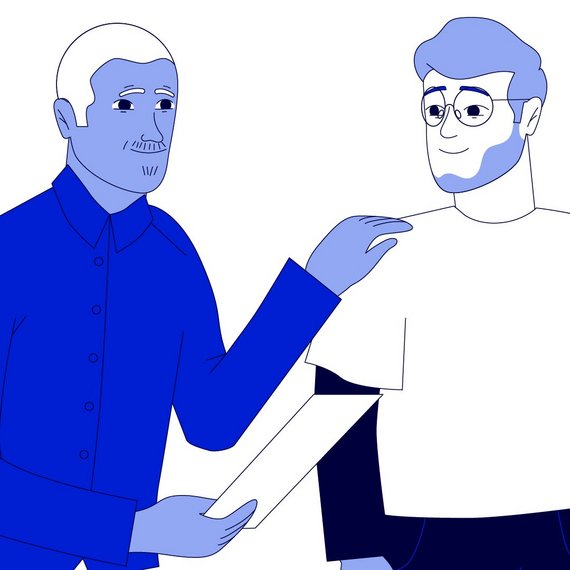  Illustration von zwei Personen im Gespräch mit einem Dokument