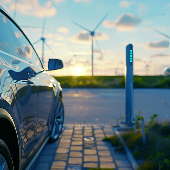 Elektroauto an einer Ladestation mit Windkraftanlagen im Hintergrund
