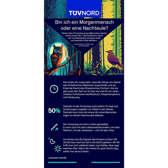 Infografik von TÜV NORD mit dem Titel „Bin ich ein Morgenmensch oder eine Nachteule?“. Die Grafik zeigt eine stilisierte Illustration mit einer Eule in einem dunklen Wald auf der linken Seite und einem Vogel in einem helleren Wald auf der rechten Seite. Ein Zitat von Psychologe Dr. Philip Frieg erklärt, dass die innere Uhr bestimmt, wann wir wach und müde werden. Die Infografik enthält Informationen zur biologischen Uhr, zum Einfluss von Hormonen wie Melatonin und Cortisol, zur genetischen Veranlagung des Chronotyps (ca. 50 % vererblich) und zur Anpassungsfähigkeit der inneren Uhr im Laufe des Lebens.