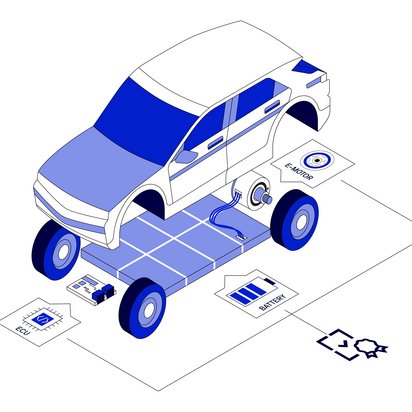 Dreidimensionale, isometrische Darstellung eines Elektroautos in Blau und Weiß, mit transparentem Boden, der die Batterie, den E-Motor und die ECU (Electronic Control Unit) zeigt. Das TÜV NORD Logo ist oben links platziert. Das Auto ist in der Mitte des Bildes, die Batterie ist darunter, der E-Motor hinten und die ECU vorne unterhalb des Autos dargestellt. Das Bild hat einen weißen Hintergrund.