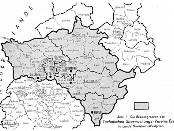 Die Gebietsgrenzen des TÜV Essen, 1950. Das Gebiet oben betreute der TÜV Hannover, unten der TÜV Köln.