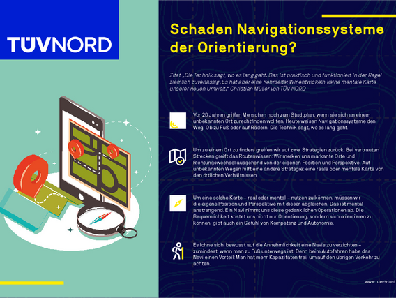 Infografik zum Thema "Schaden Navigationssysteme der Orientierung?". Links das TÜV NORD Logo. Rechts oben der Titel in gelb auf blauem Grund. Darunter ein gelber Kasten mit einem Zitat von Christian Müller (TÜV NORD). Im Hauptteil eine Illustration mit einem Smartphone, das eine Navigations-App mit roter Route und Standortsymbol anzeigt, umgeben von Symbolen für Stadtplan, Fußgänger, Auto und Kompass. Darunter drei Textblöcke mit Informationen zu den Themen Routenwissen, mentale Karten und die Vor- und Nachteile von Navigationssystemen. Am unteren Rand die Webadresse www.tuev-nord.de
