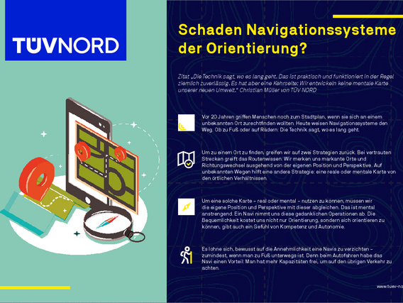 Infographic on the topic “Do navigation systems harm orientation?”. The TÜV NORD logo on the left. On the top right, the title in yellow on a blue background. Below that, a yellow box with a quote from Christian Müller (TÜV NORD). In the main section, an illustration with a smartphone displaying a navigation app with a red route and location symbol, surrounded by symbols for city map, pedestrian, car and compass. Below this are three blocks of text with information on the topics of route knowledge, mental maps and the advantages and disadvantages of navigation systems. At the bottom is the web address www.tuev-nord.de