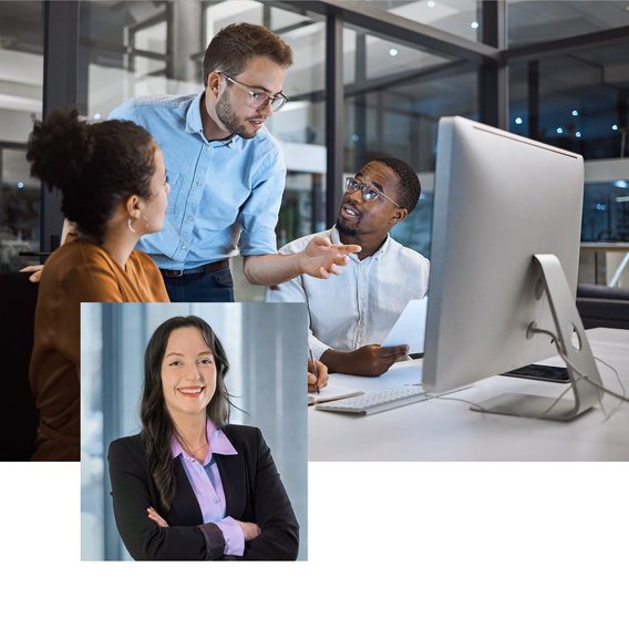 Drei Personen arbeiten gemeinsam in einem modernen Büro an einem Bildschirm; davor ist zusätzlich das Porträt der freundlich in die Kamera blickenden Thora Markert.