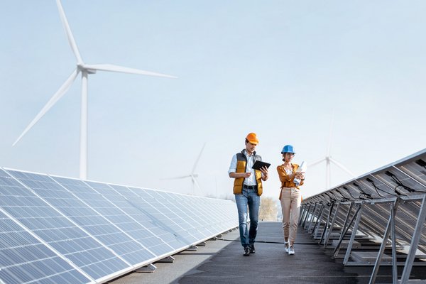 Ein Mann und eine Frau mit Schutzhelmen und Klemmbrett laufen durch ein Feld von Solaranlagen. Im Hintergrund stehen Windräder