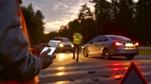 Eine Person in einer Warnweste hält ein Smartphone in der Hand und nutzt eine Unfallmelde-App. Im Hintergrund stehen zwei Autos mit eingeschaltetem Licht auf einer Straße, während eine weitere Person in einer Warnweste den Unfallbereich sichert. Trümmerteile und ein Warndreieck sind auf der Straße zu sehen, während die Sonne untergeht.