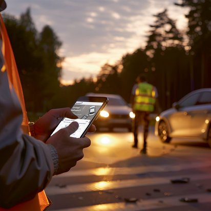Eine Person in einer Warnweste hält ein Smartphone in der Hand und nutzt eine Unfallmelde-App. Im Hintergrund stehen zwei Autos mit eingeschaltetem Licht auf einer Straße, während eine weitere Person in einer Warnweste den Unfallbereich sichert. Trümmerteile und ein Warndreieck sind auf der Straße zu sehen, während die Sonne untergeht.